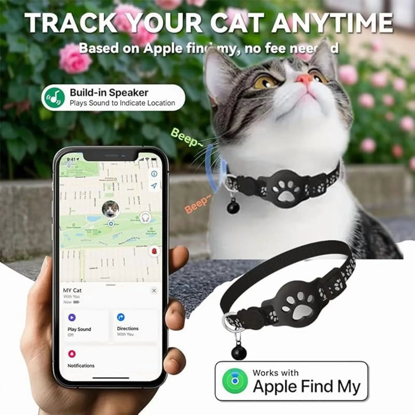 Apple Find My Cat Tracker Collar – Waterproof GPS Collar for Cats, No Subscription