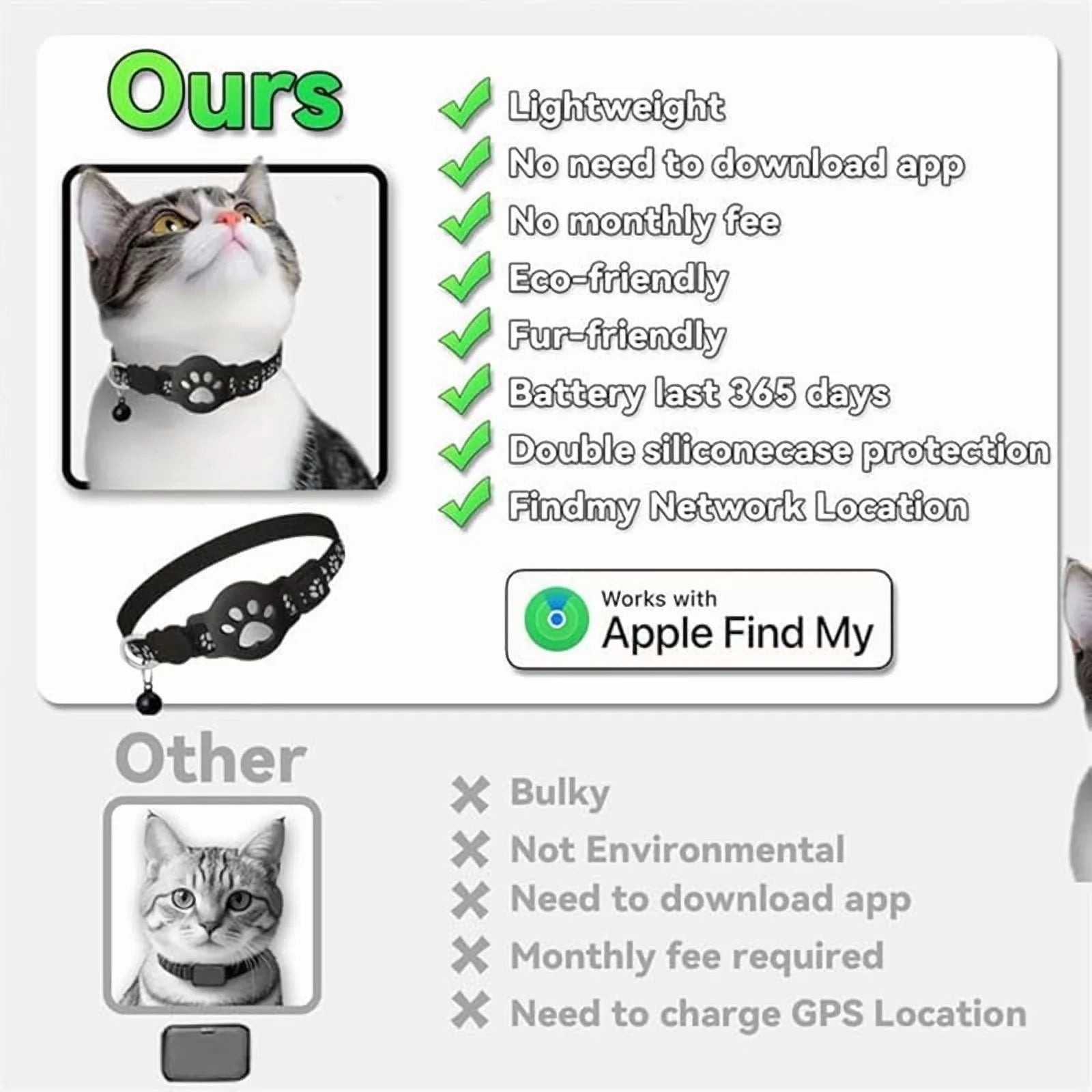 Apple Find My Cat Tracker Collar – Waterproof GPS Collar for Cats, No Subscription