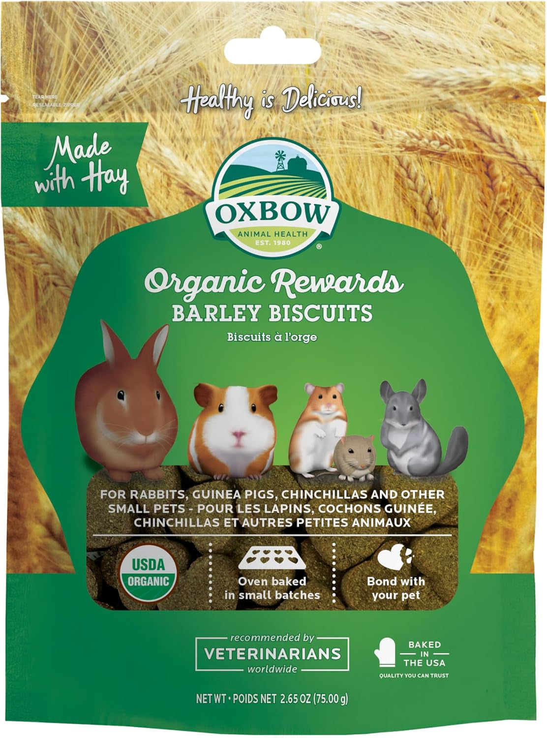 Organic Barley & Apple Treats for Small Pets – Rabbit, Guinea Pig & Hamster Snacks – 2.65 oz